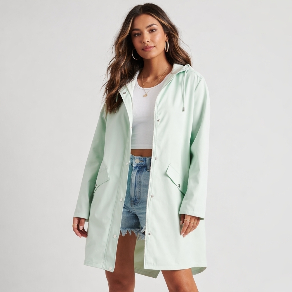 RAINS Denmark Long Jacket Mineral Green PU Waterproof Fishtail Raincoat Large